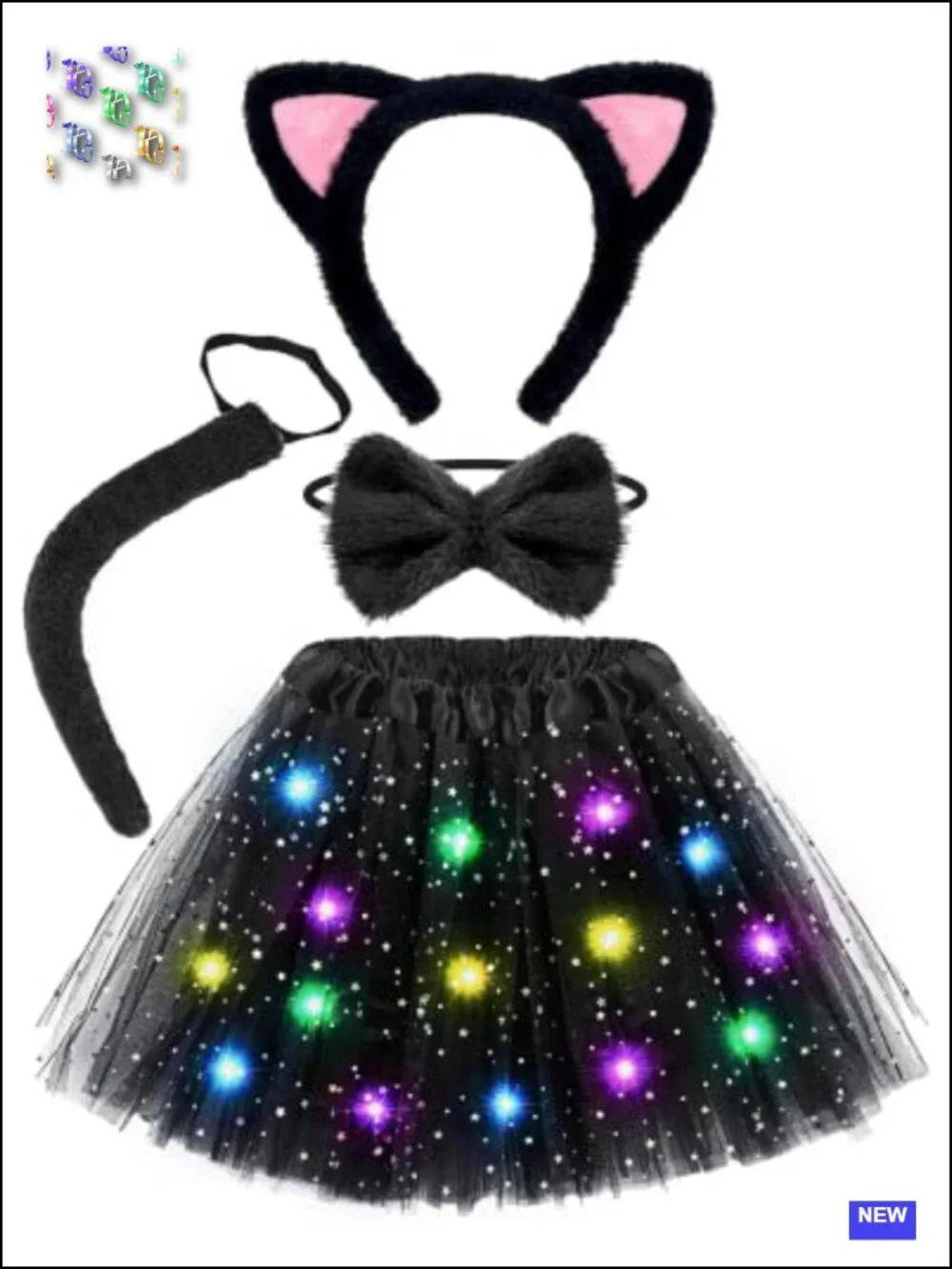 LED Light Up Cat Costume Set Tutu Skirt Headband Tail Bow Tie